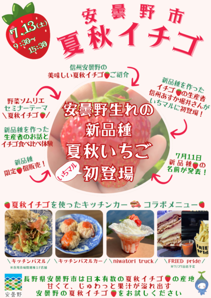 7月13日（土）長野県安曇野市生まれの新品種「夏秋イチゴ」いちかわごちそうマルシェにて初登場❣